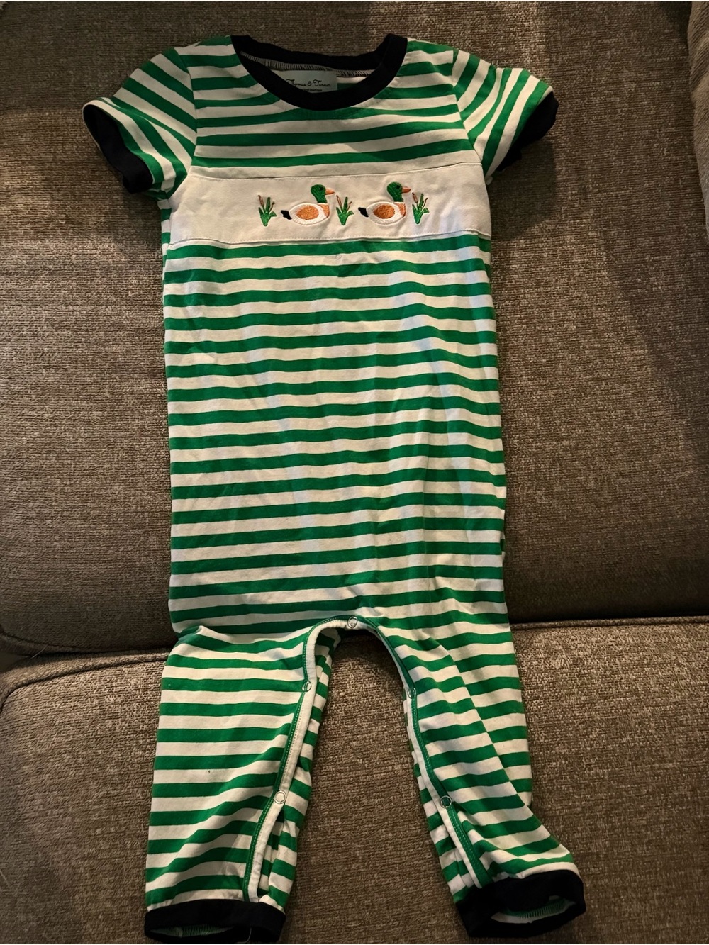 Green & White Striped Baby Romper with Duck Embroidery